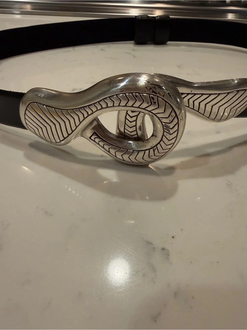 Chico’s Black Leather Lined Belt Oversized Silver Statement Buckle Adjustable